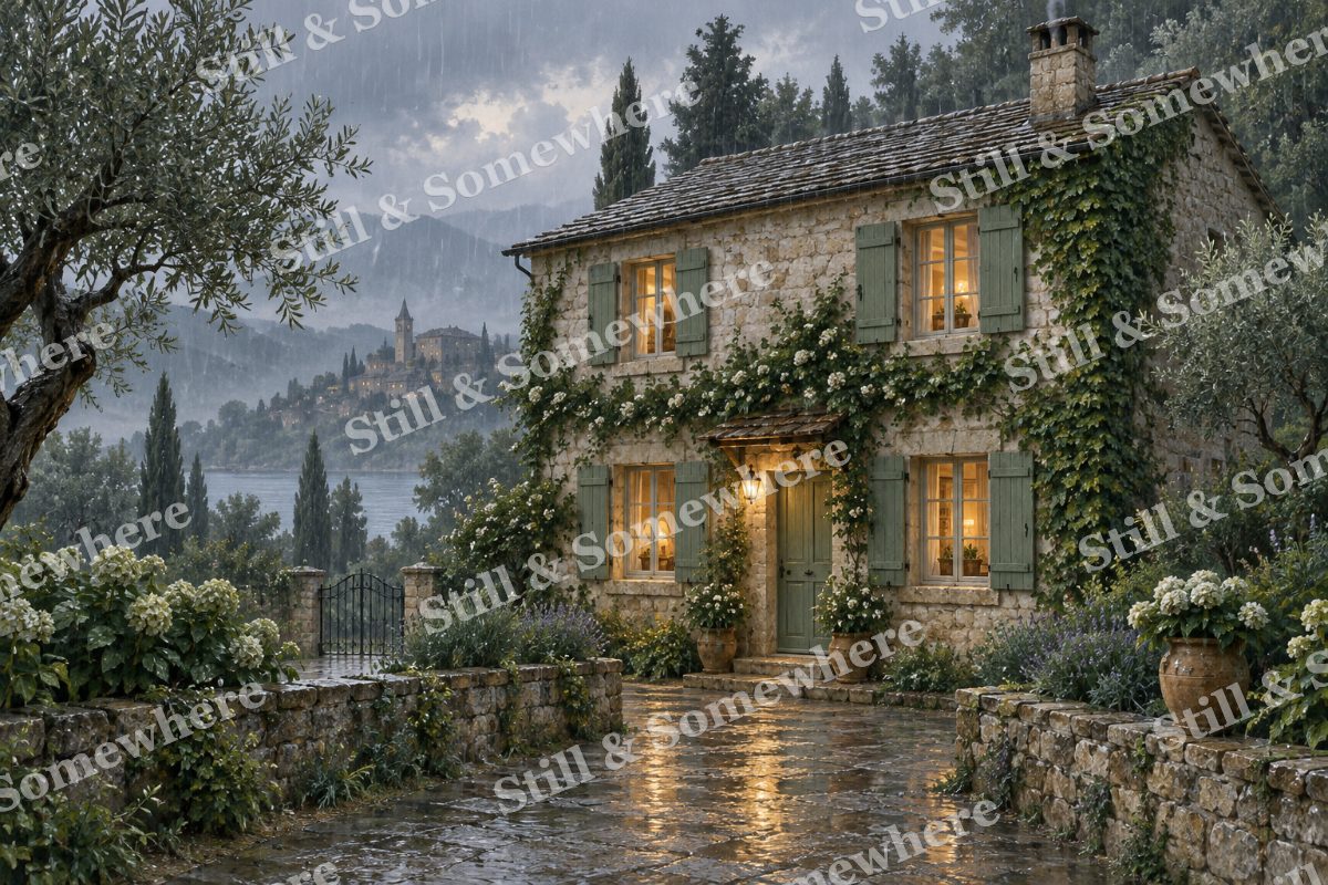 Sage Green Shutters in Soft Rain, original artwork preview
