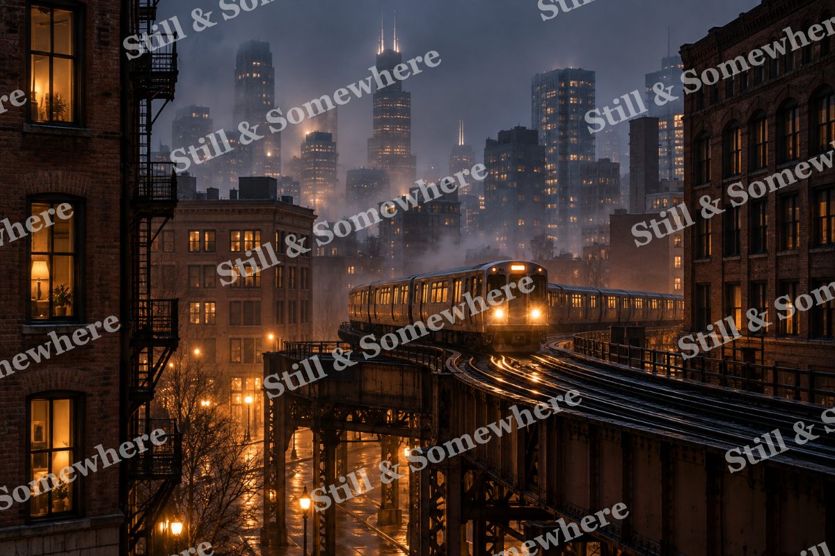 Lights Elevated Train Through Fog, original artwork preview