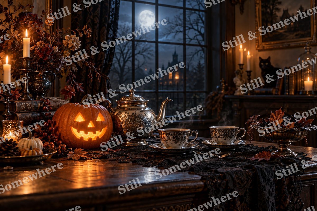 Silver Teapot and Pumpkin Moon, original artwork preview