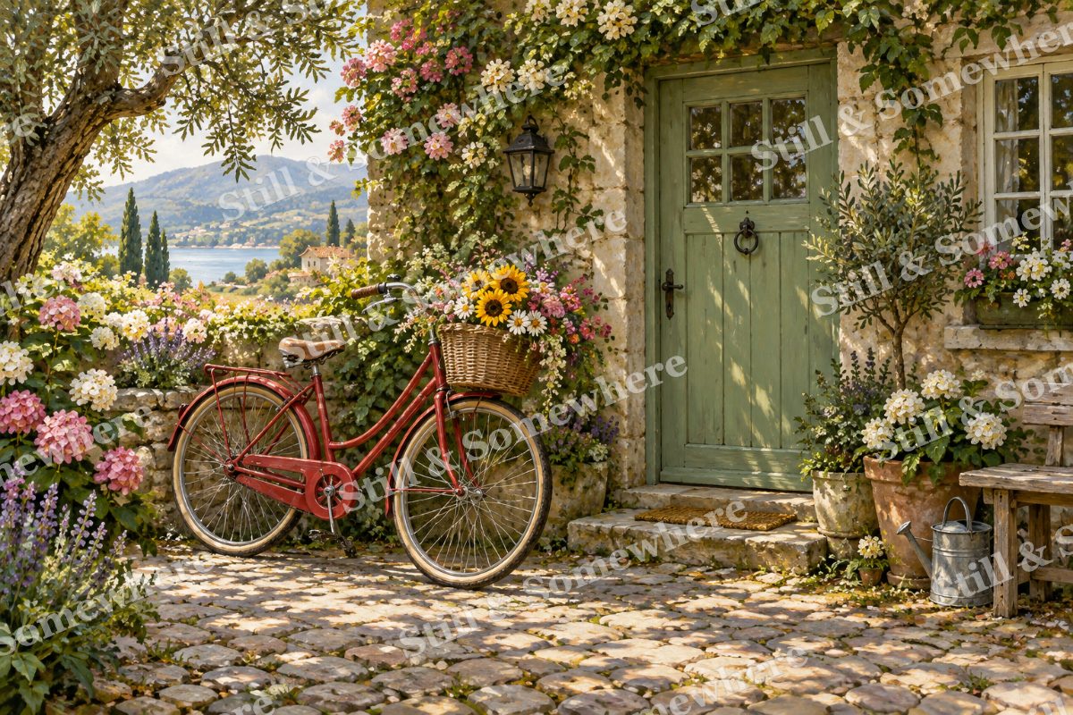 Red Bicycle at the Cottage Door, original artwork preview