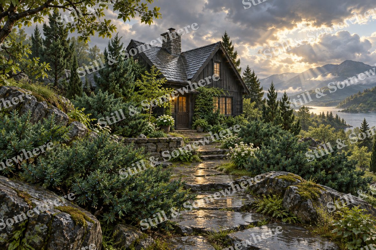 Juniper Cottage after Rain, original artwork preview