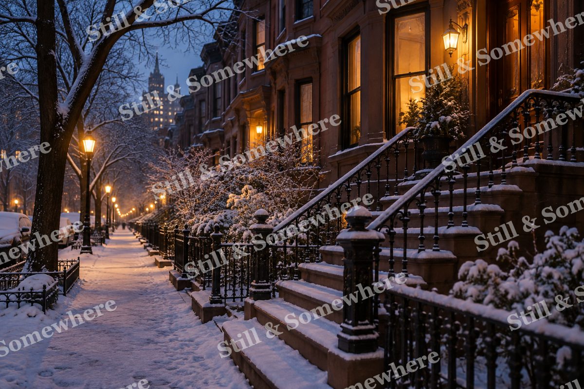 Lights Snowy Brownstone Steps, original artwork preview