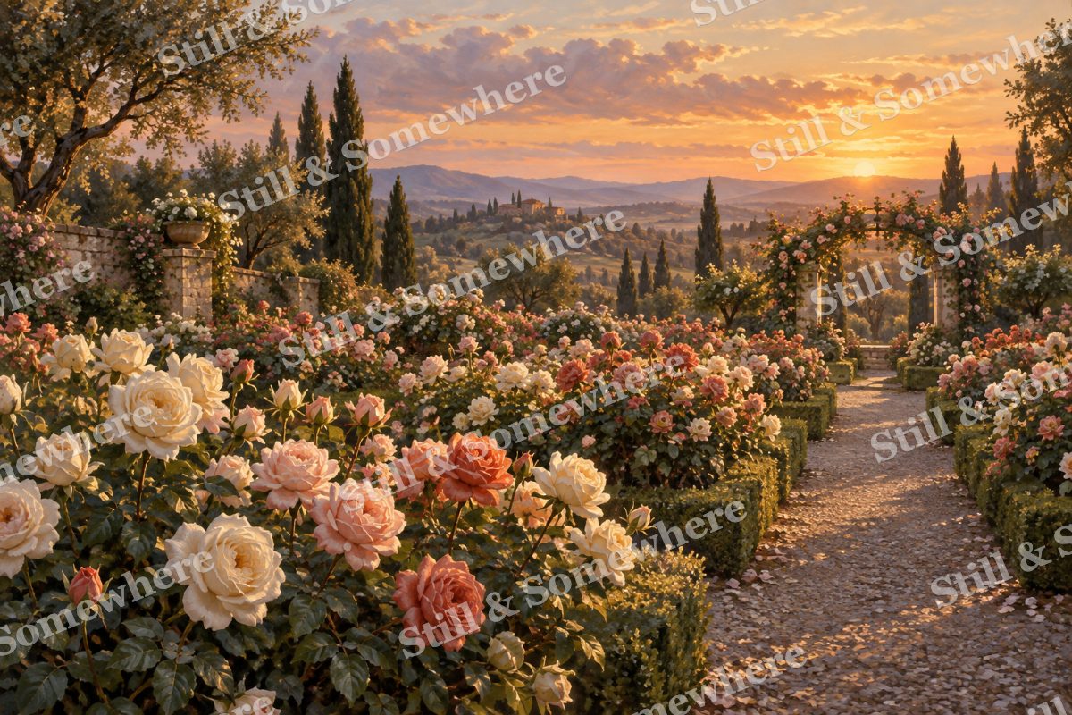 Evening Light in the Rose Garden, original artwork preview