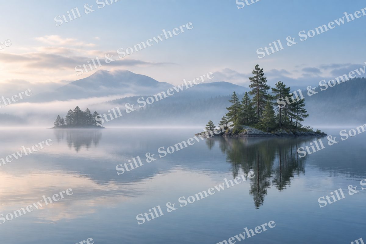 Landscapes Misty Islands in a Soft Blue Lake, original artwork preview