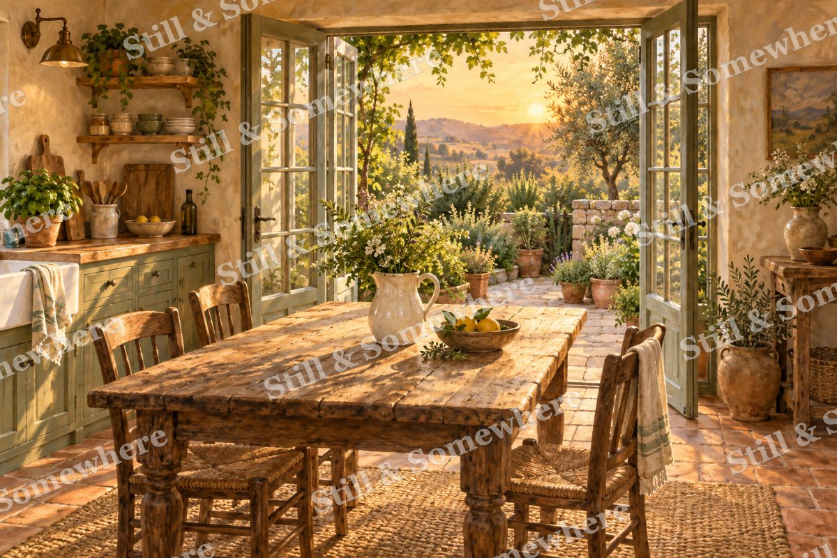 Cottage Kitchen at Golden Hour, original artwork preview