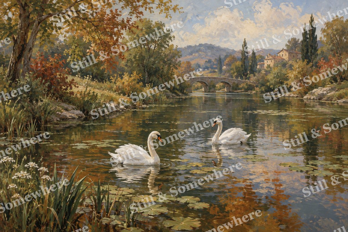 White Swans on a Russet Pond, original artwork preview