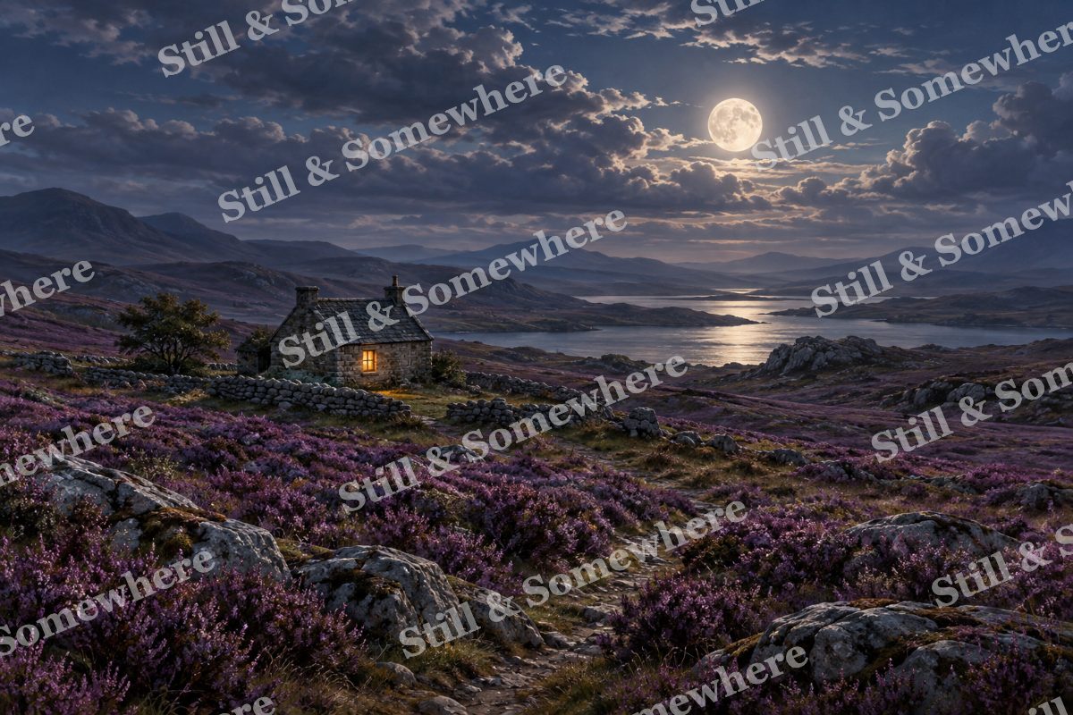 Moonrise over Heather Cottage, original artwork preview