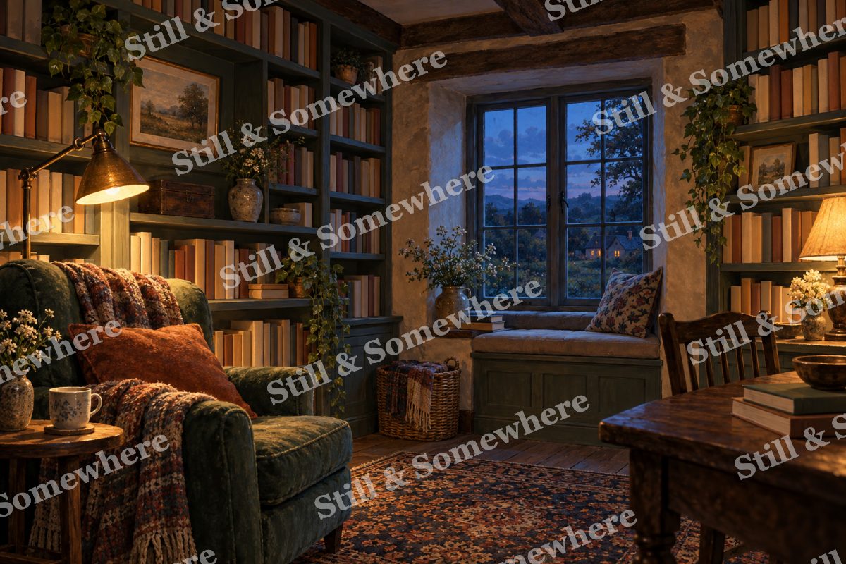 The Cottage Library after Sunset, original artwork preview