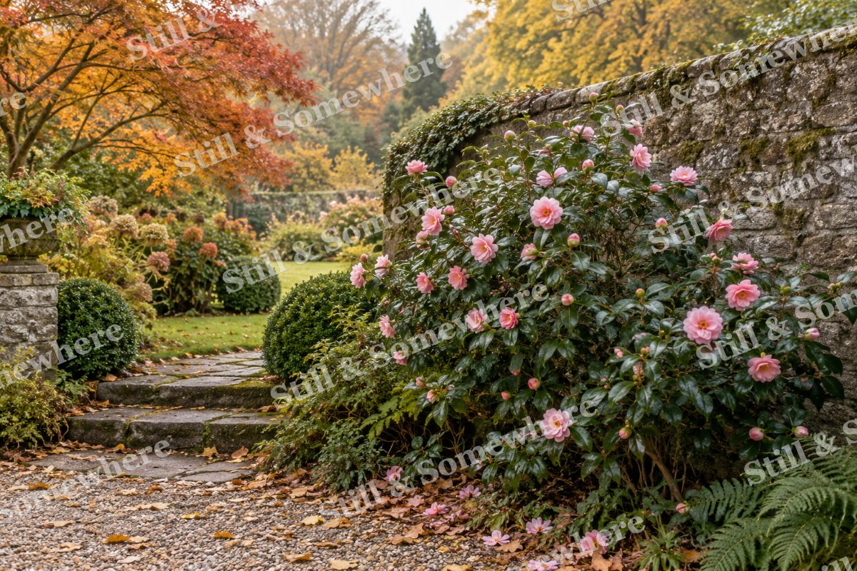 Autumn Camellias at the Stone Wall, original artwork preview
