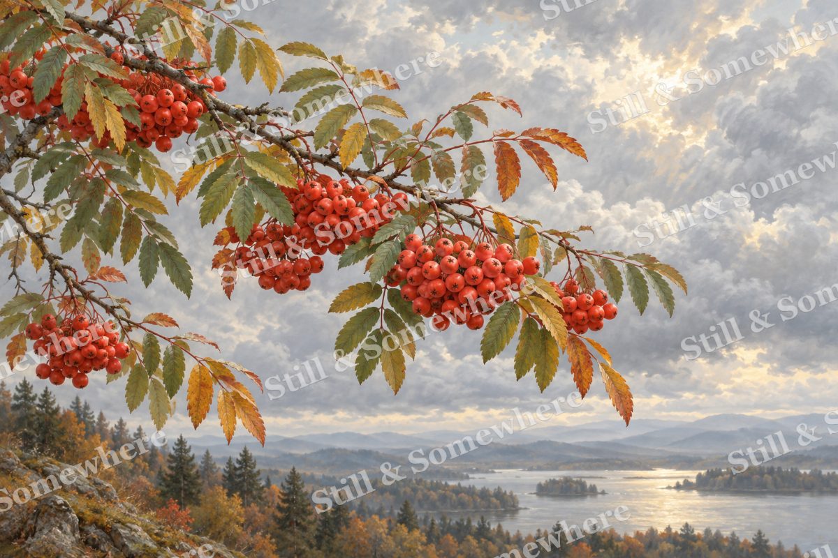Rowan Berries under Pearl Clouds, original artwork preview