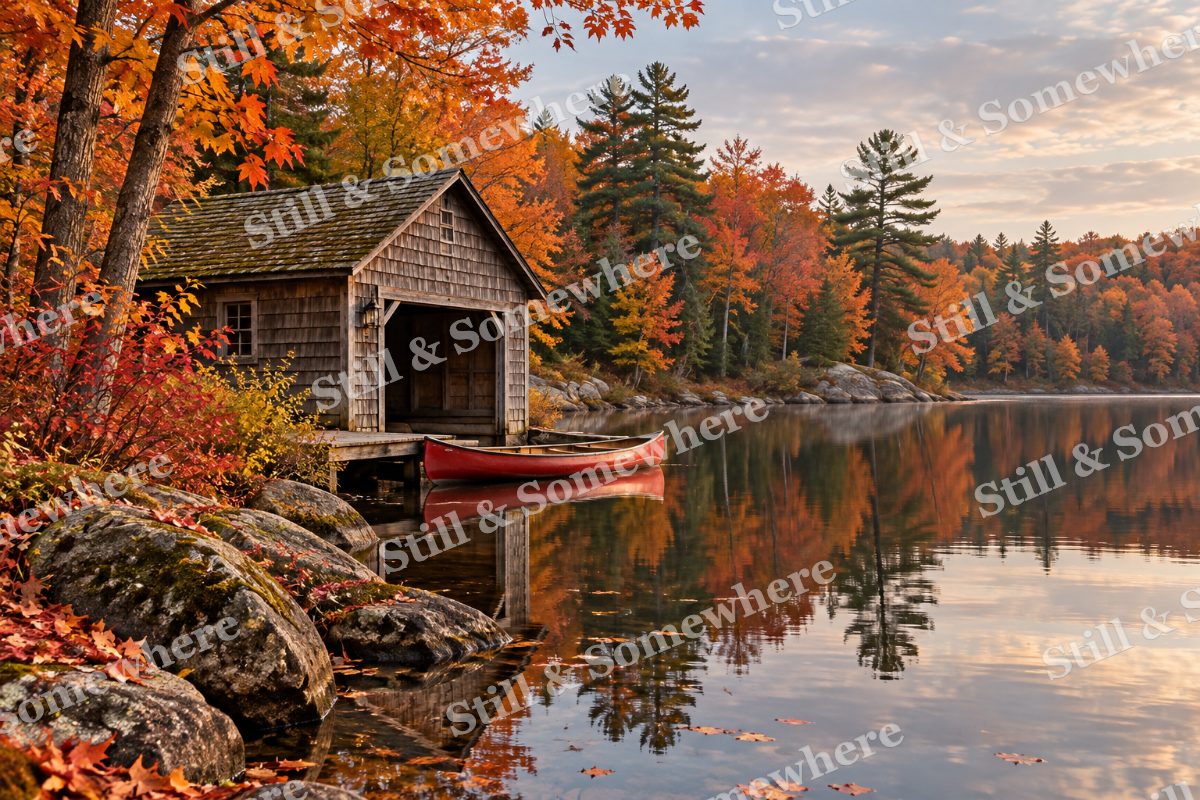Autumn Boathouse and Canoe, original artwork preview
