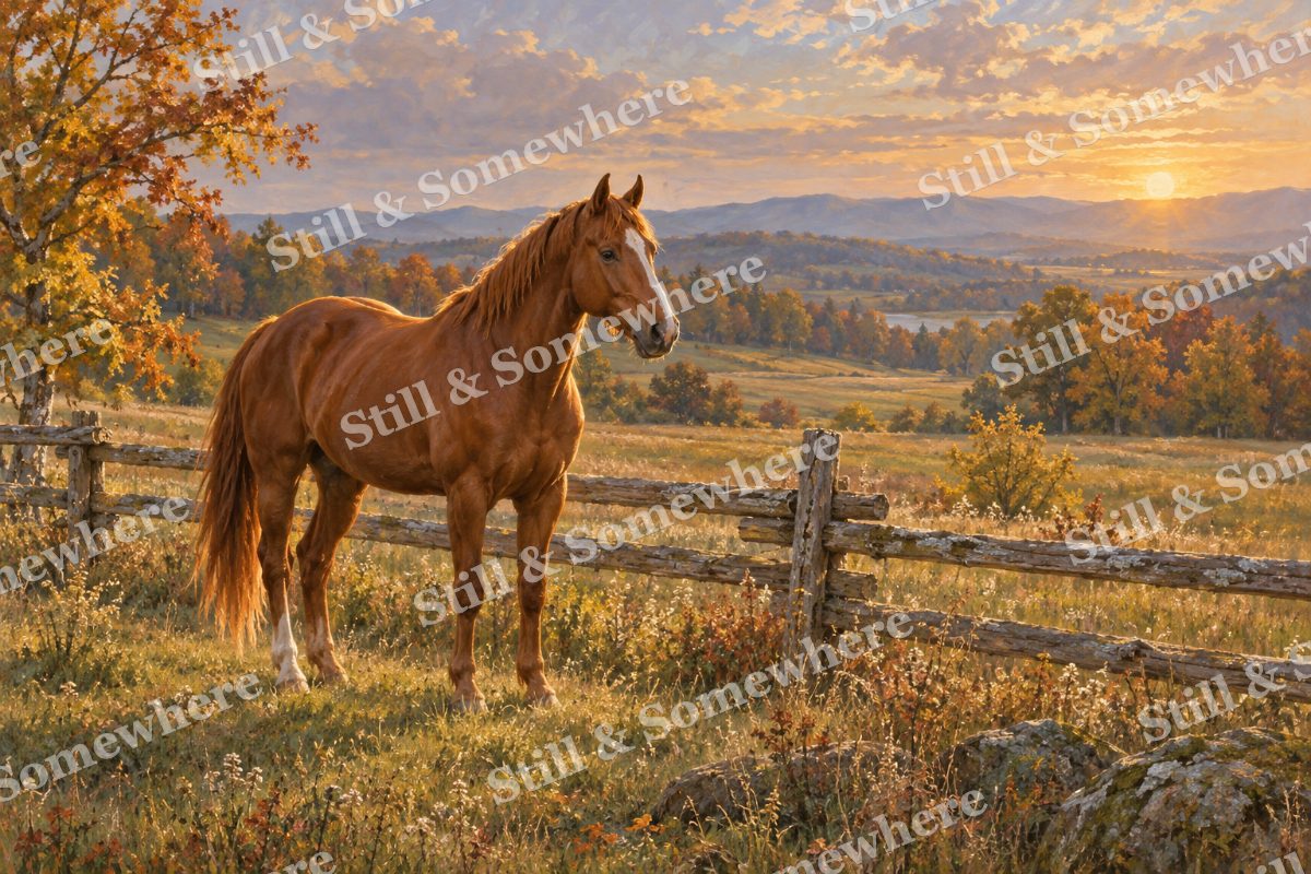 Chestnut Horse by the Split Rail Fence, original artwork preview