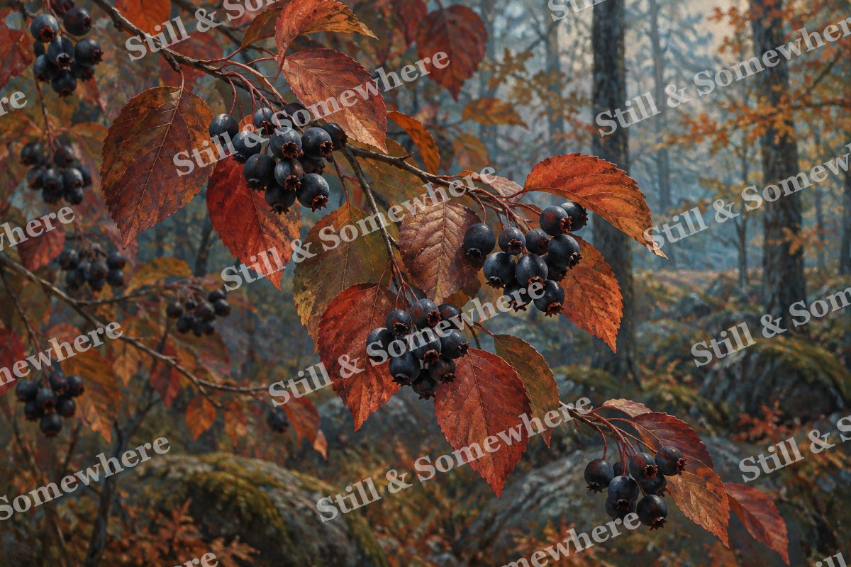 Serviceberries and Rust Leaves, original artwork preview