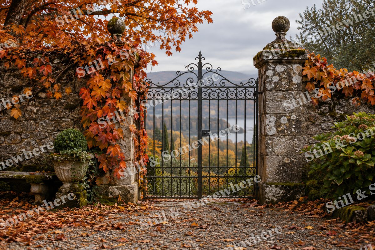 Autumn Stone Garden Gate, original artwork preview