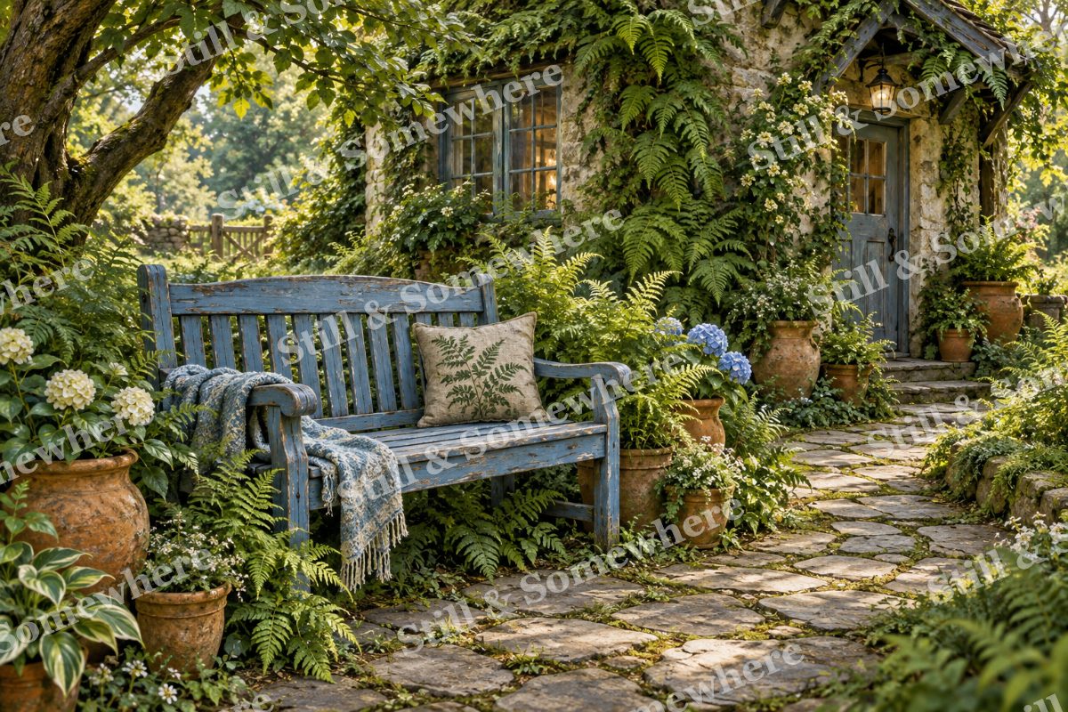 The Blue Bench at Fern Cottage, original artwork preview
