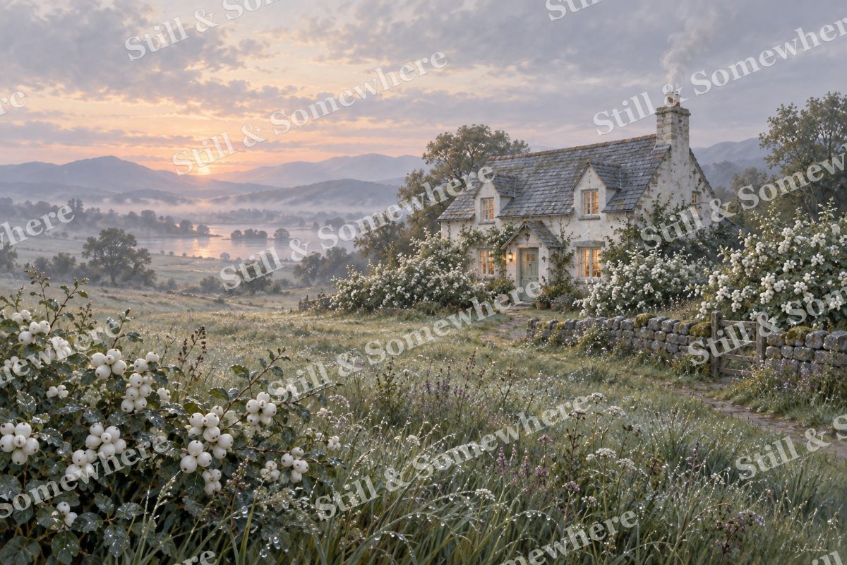 Snowberry Cottage at Dawn, original artwork preview