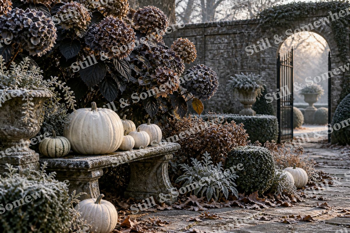 30 White Pumpkins In The Garden, original artwork preview
