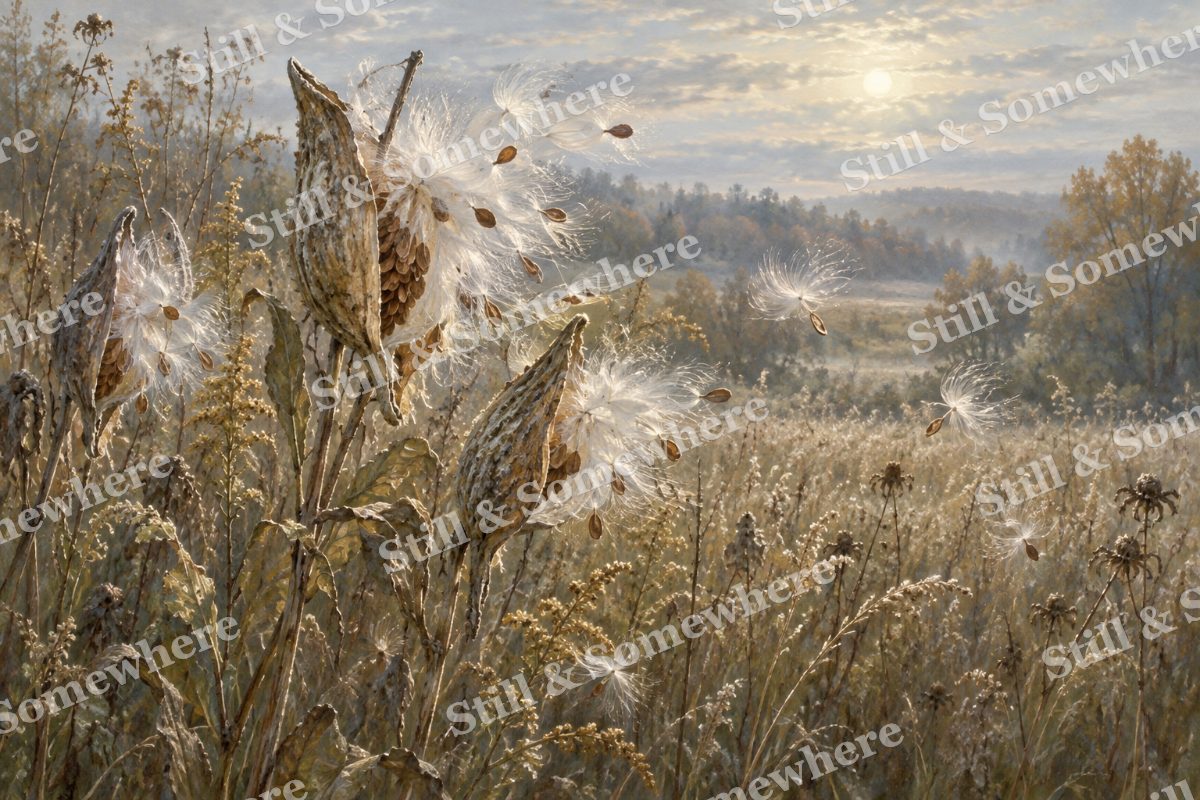 Milkweed Pods in Silver Light, original artwork preview