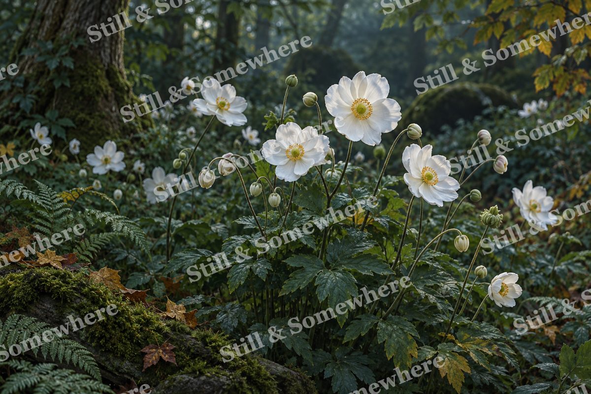 White Anemones in Woodland Shade, original artwork preview