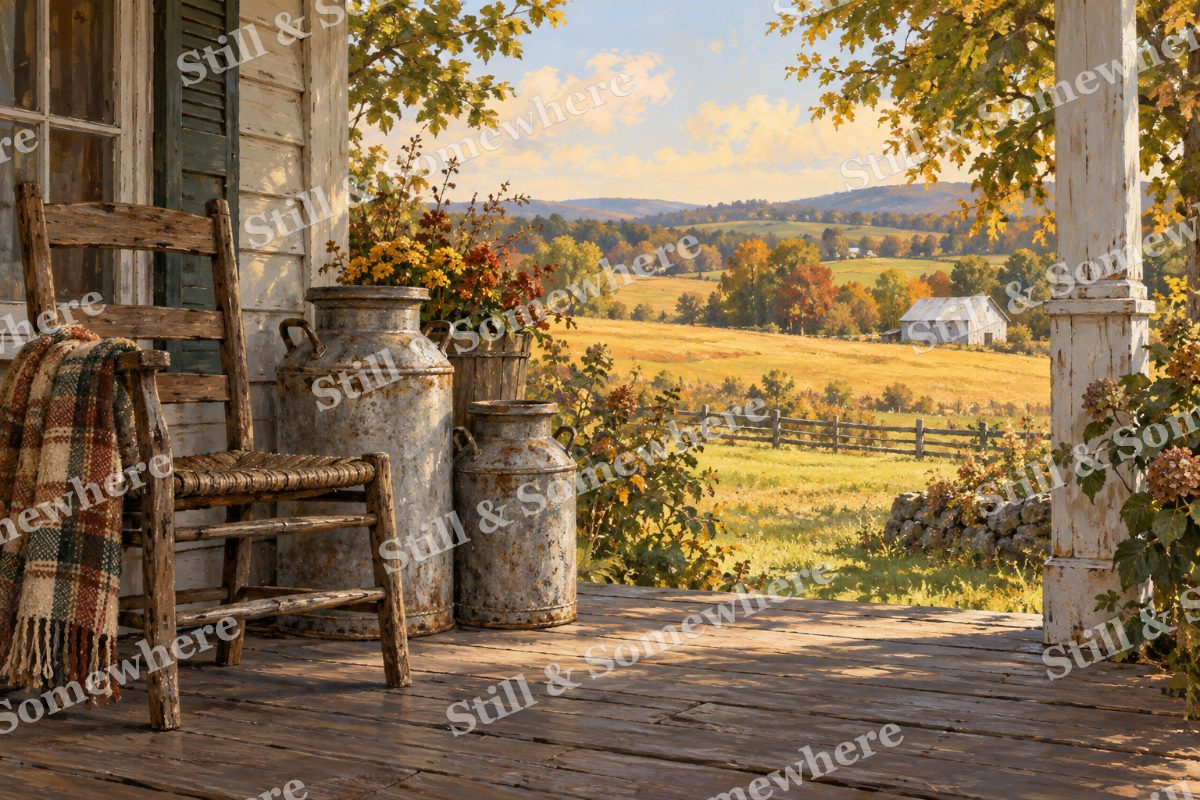 Milk Cans on the Farmhouse Porch, original artwork preview