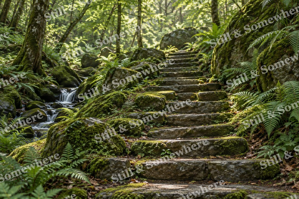 Landscapes Sunlight on a Mossy Woodland Stair, original artwork preview