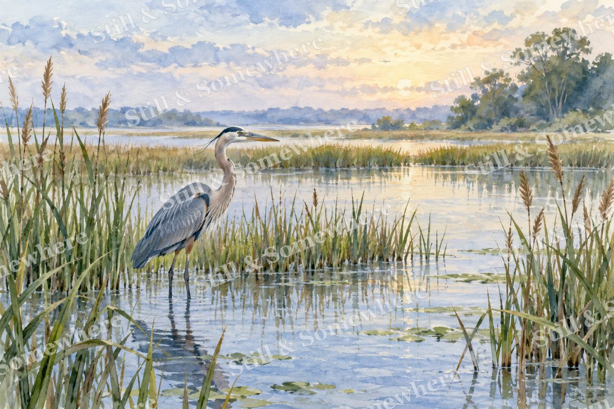 Blue Heron in the Reeds, original artwork preview