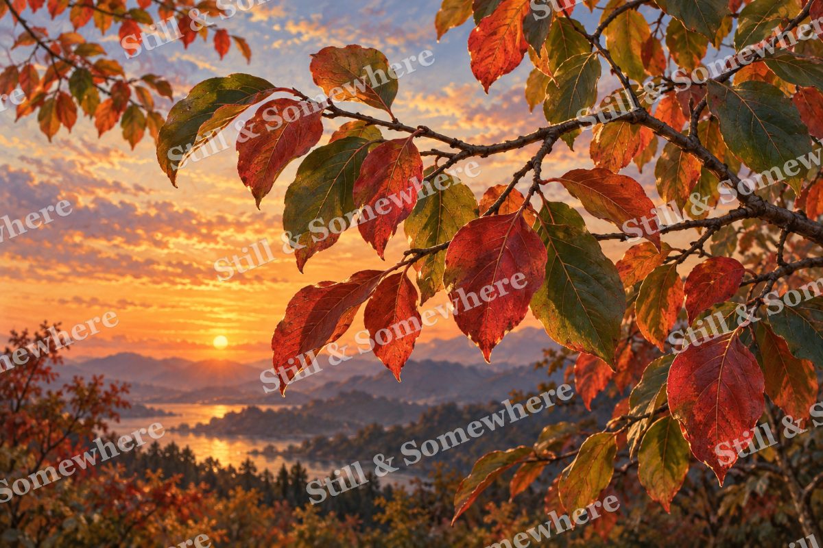 Persimmon Leaves Turning Scarlet, original artwork preview