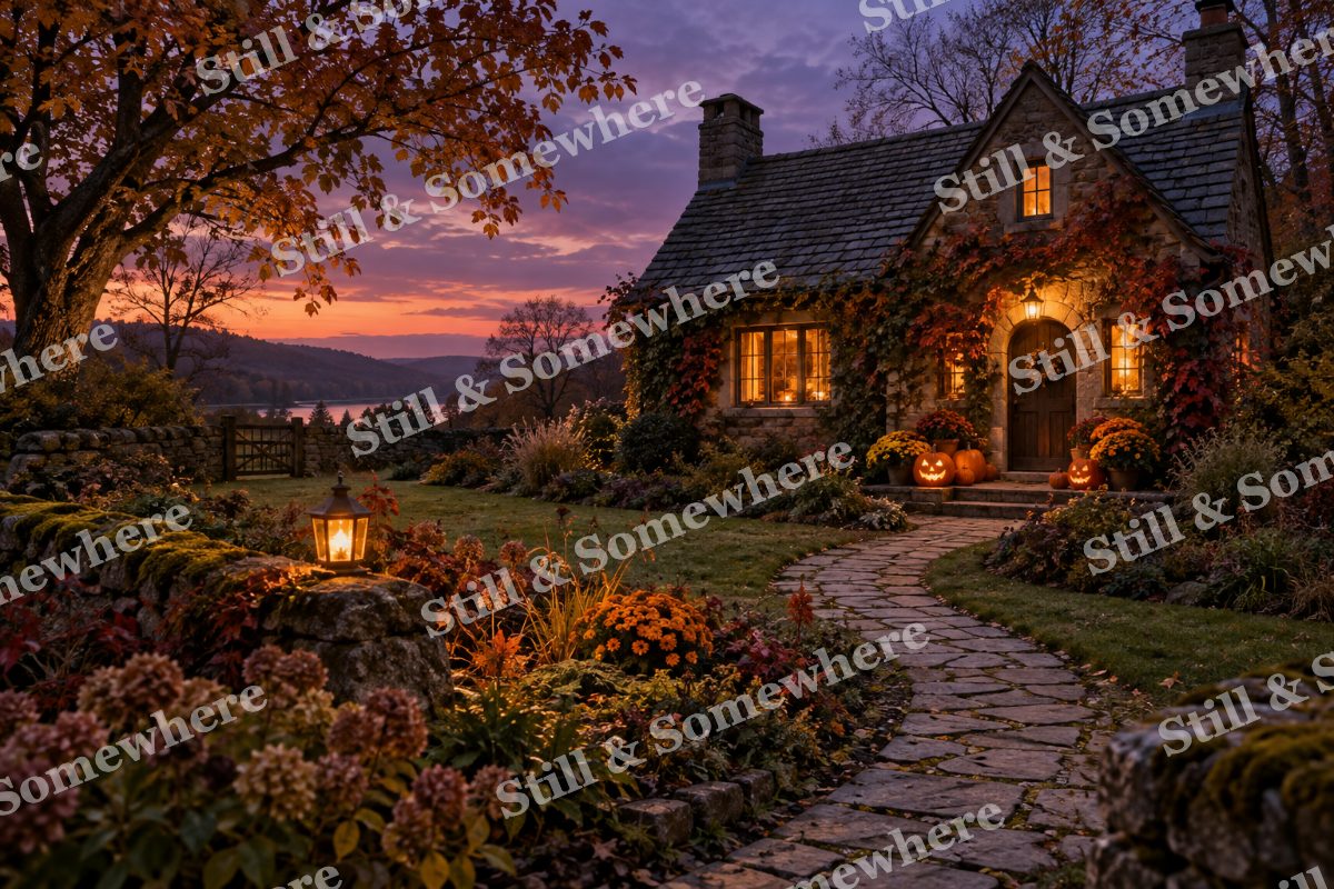 01 Pumpkin Cottage At Twilight, original artwork preview