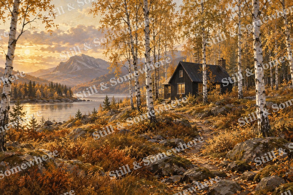 Birch Grove Cottage in Ochre Light, original artwork preview