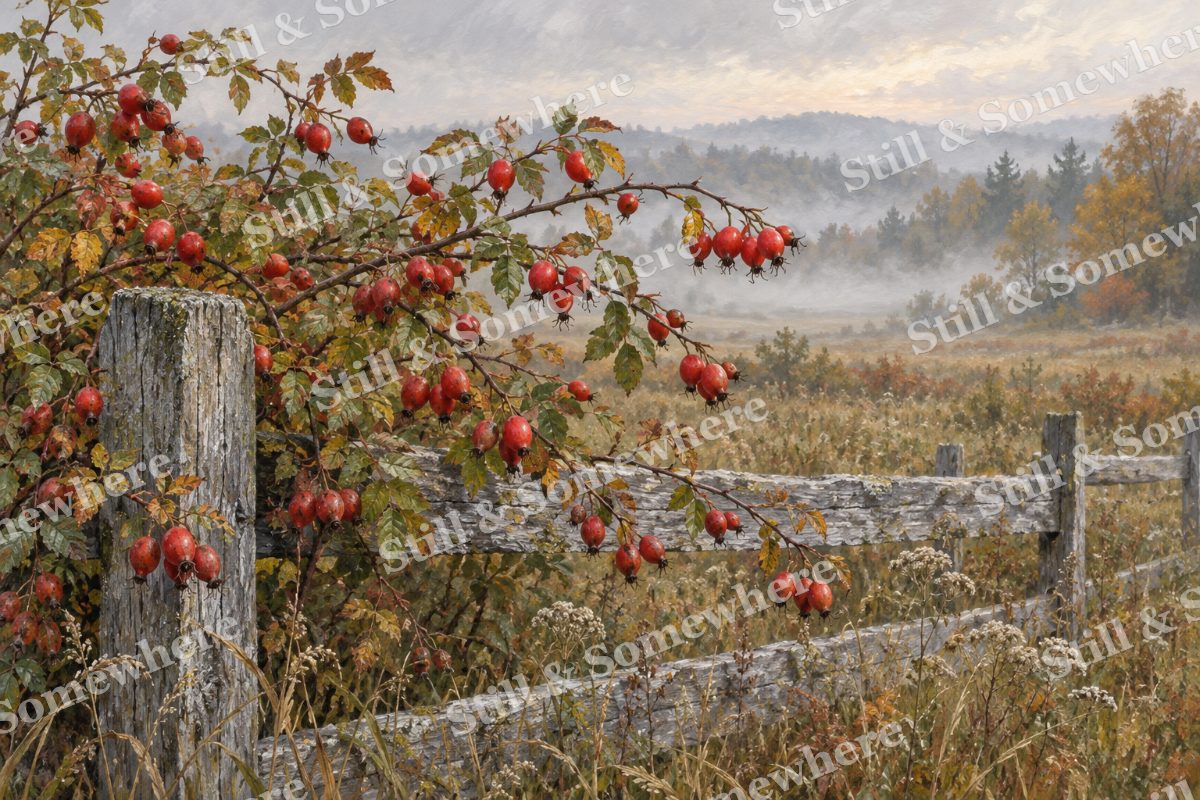Rose Hips along the Weathered Fence, original artwork preview