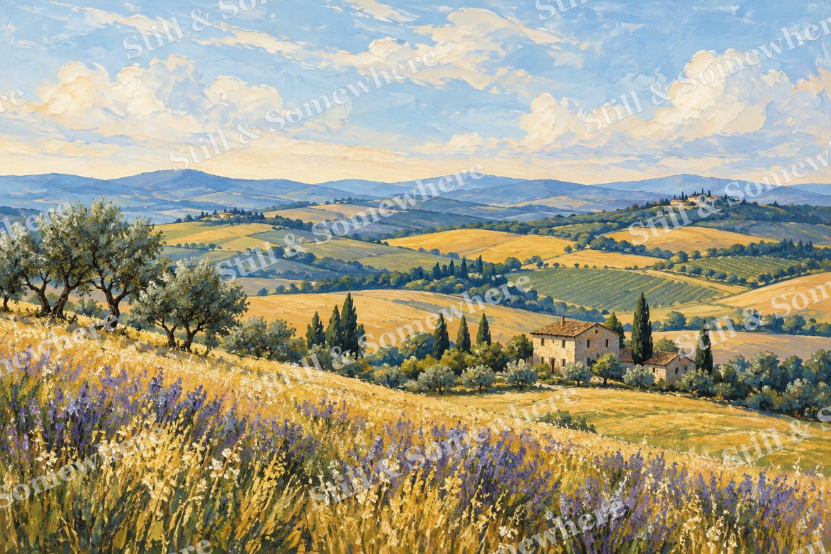 Rolling Hills in Indigo and Gold, original artwork preview