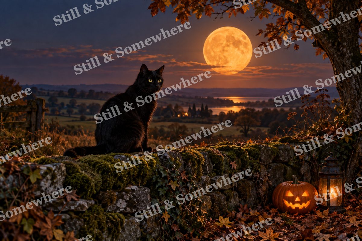 11 Cat Beneath The Harvest Moon, original artwork preview