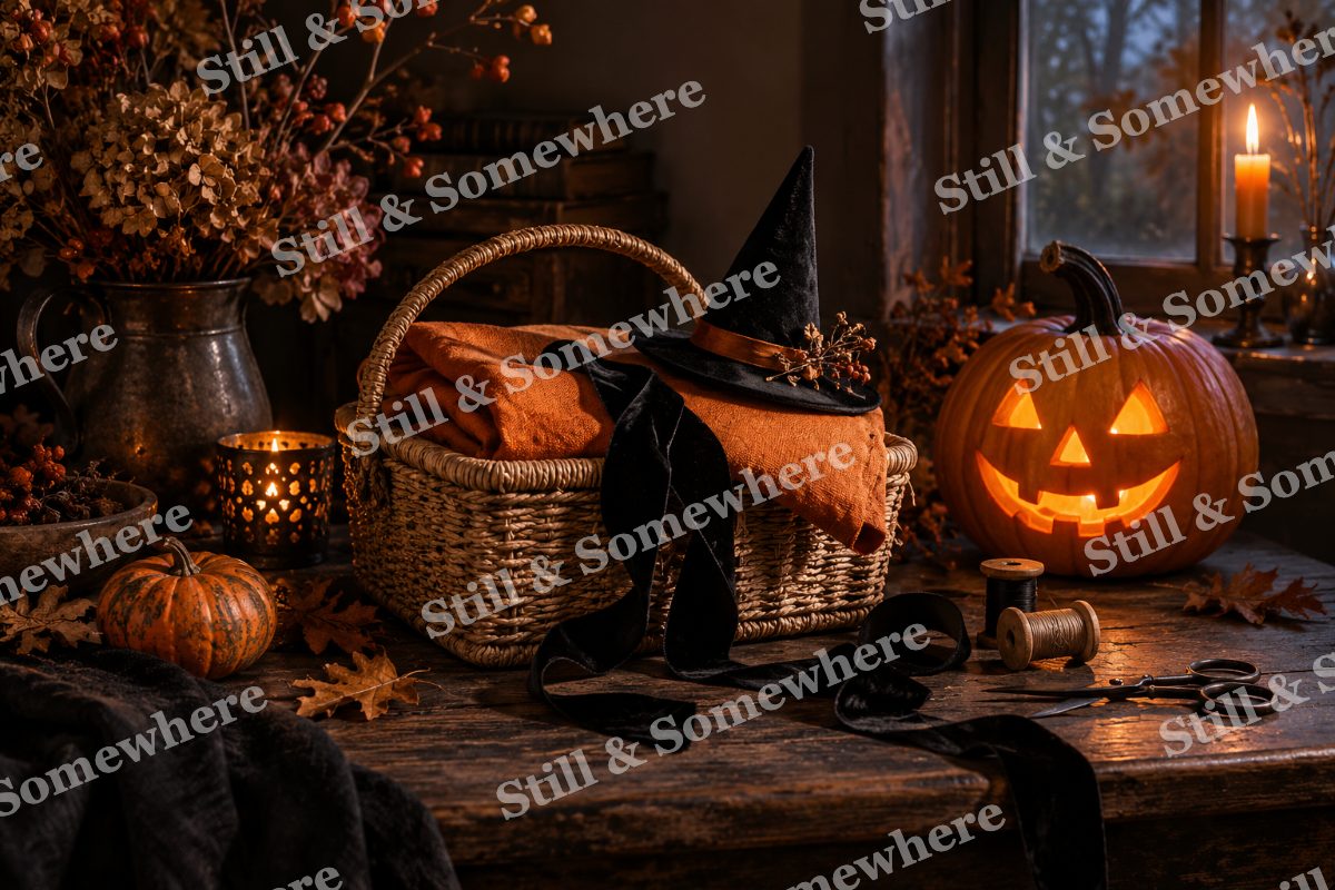 Halloween Sewing Basket, original artwork preview