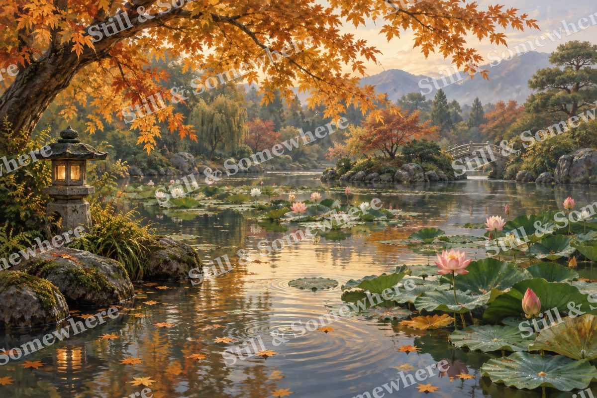 Lotus Pond under Amber Leaves, original artwork preview
