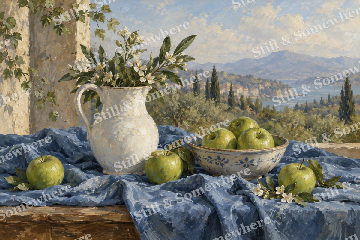 Green Apples and a White Pitcher, original artwork preview