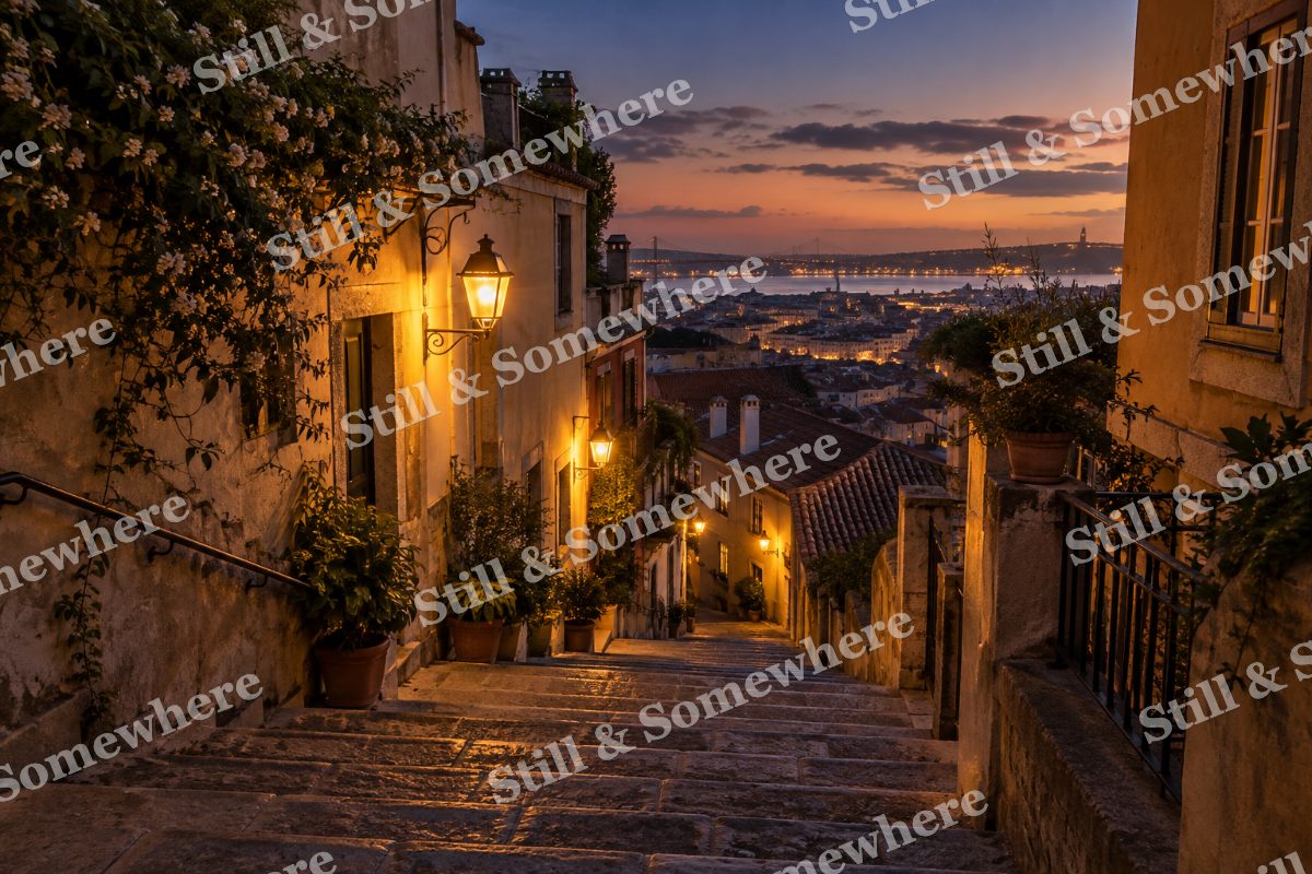 Lights Amber Stairway Between Buildings, original artwork preview