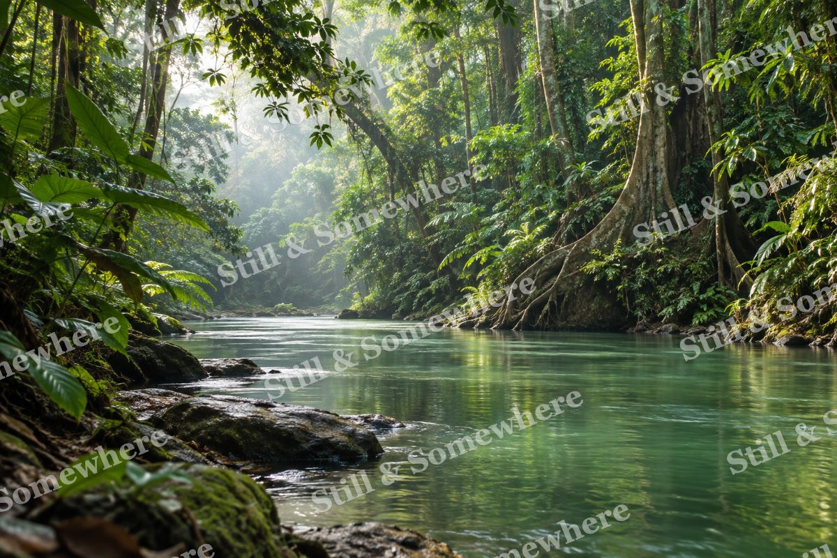 Jungle River Beneath Broad Leaves, original artwork preview