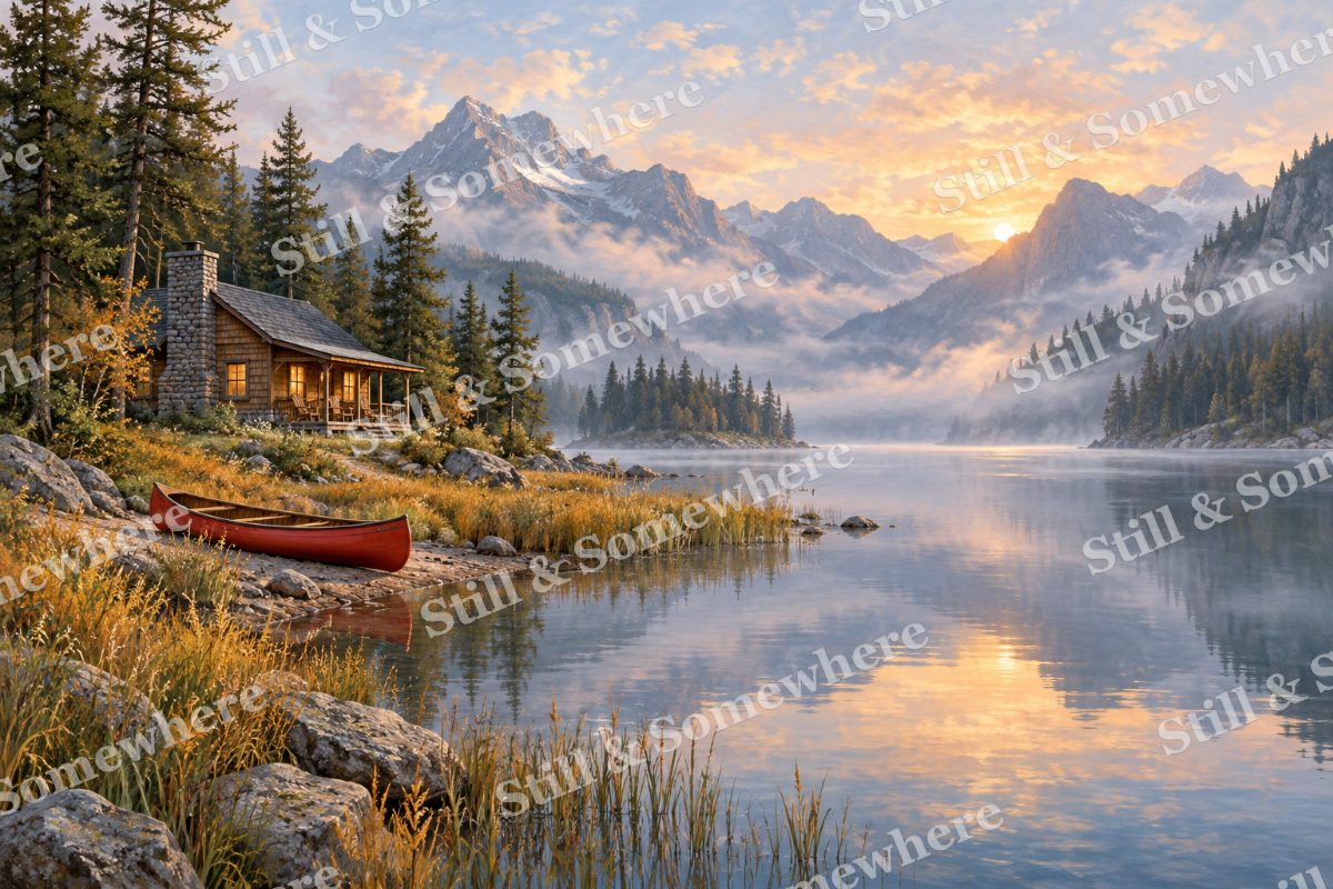 Lakeside Cottage with Red Canoe, original artwork preview
