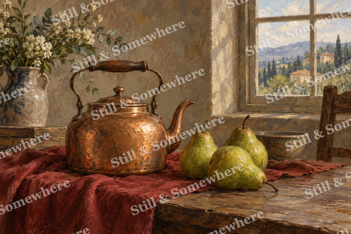 Copper Kettle and Green Pears, original artwork preview