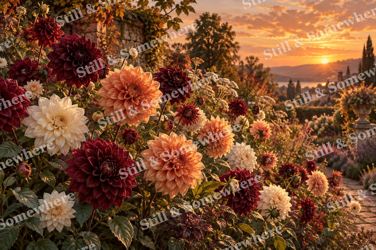 Dahlia Border in Copper Light, original artwork preview