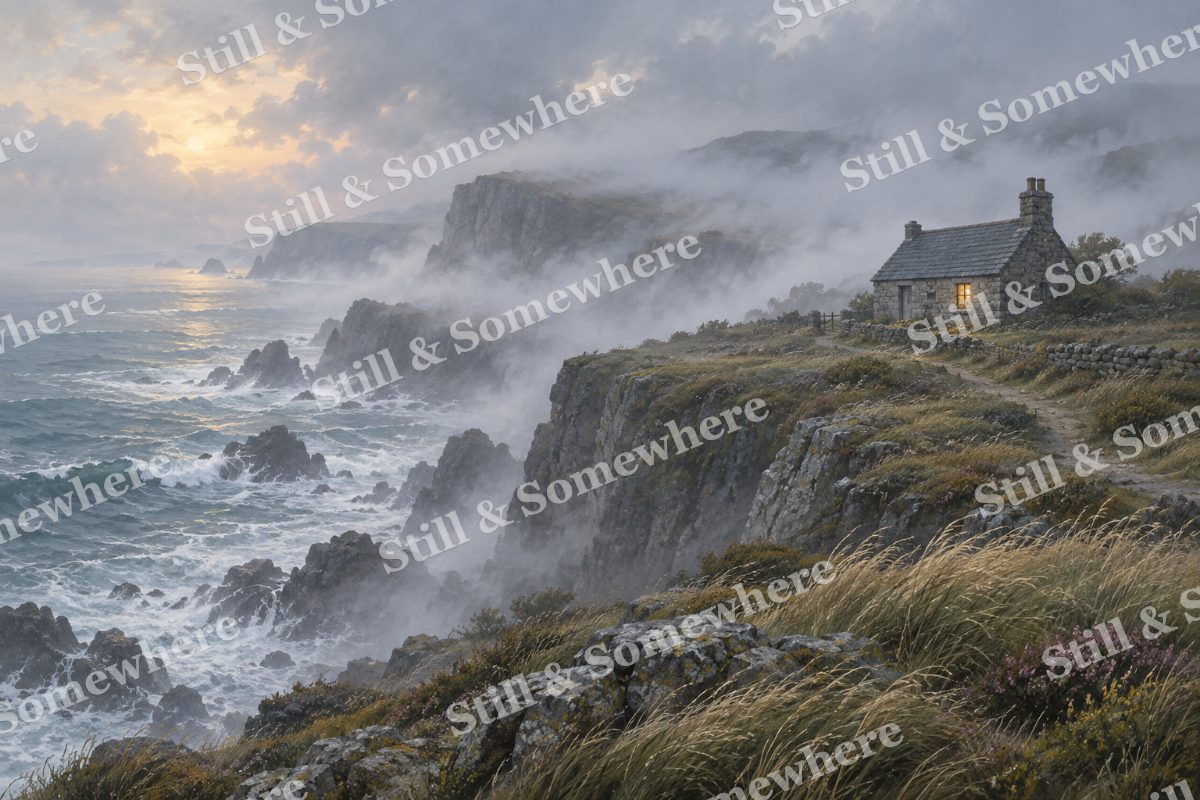 Clifftop Cottage in Sea Mist, original artwork preview