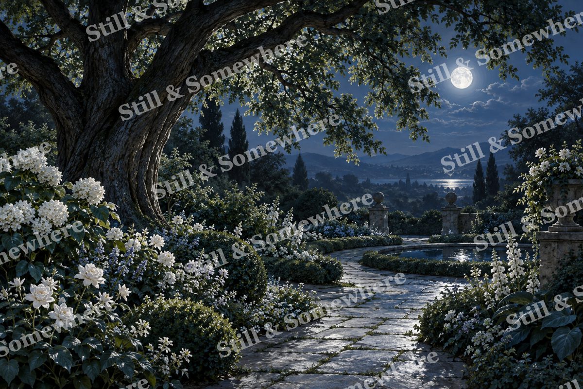Moonlit Garden beneath the Elm, original artwork preview