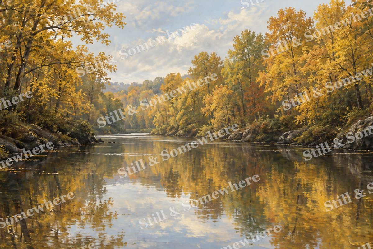 Golden Canopy over Quiet Water, original artwork preview