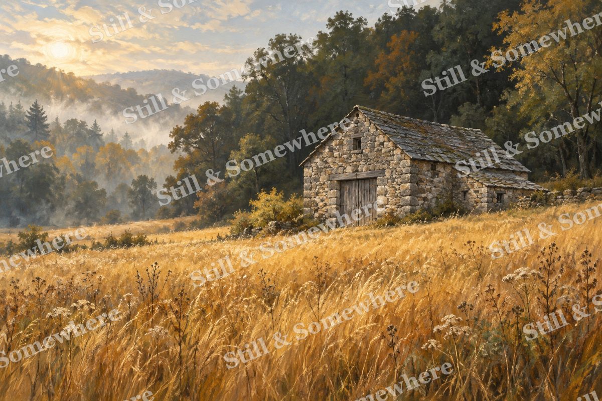 Stone Barn among Golden Grasses, original artwork preview