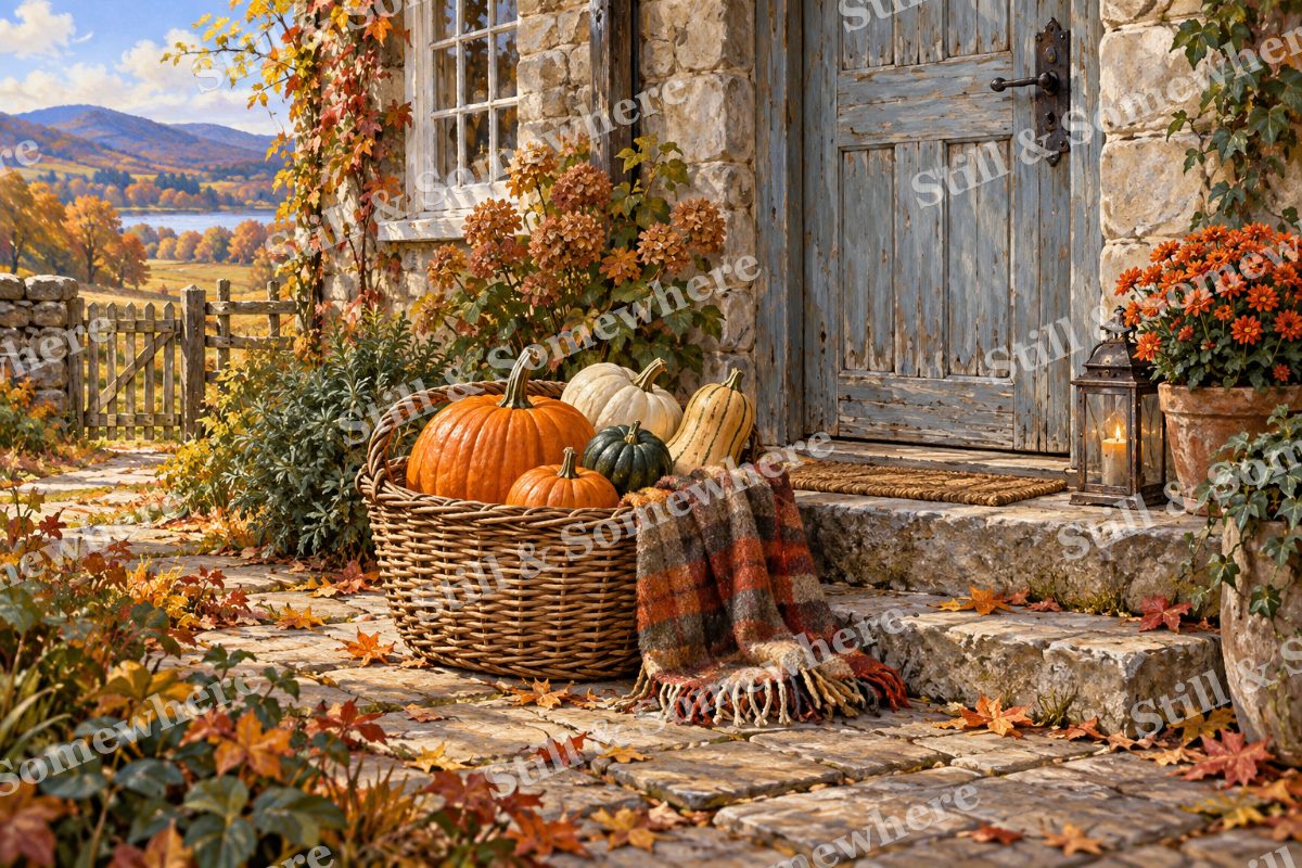 Pumpkin Basket on the Back Step, original artwork preview