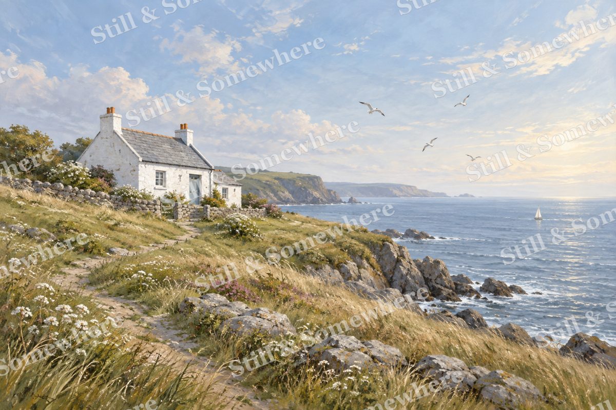 White Cottage above the Sea, original artwork preview