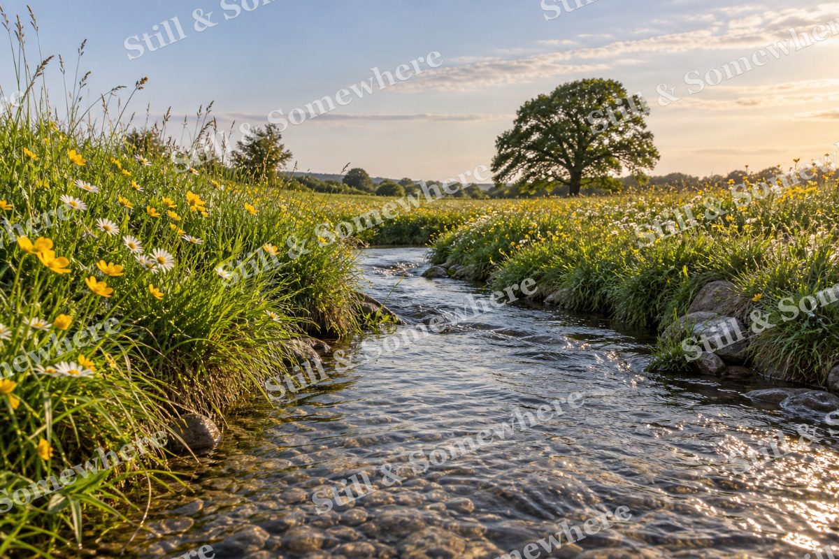 Summer Stream Through Flowering Meadow, original artwork preview