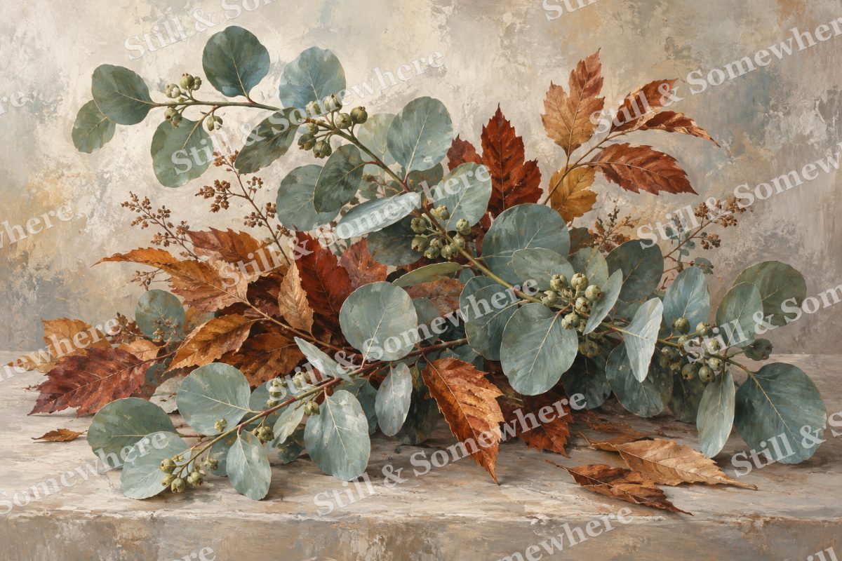 Eucalyptus and Russet Leaves, original artwork preview