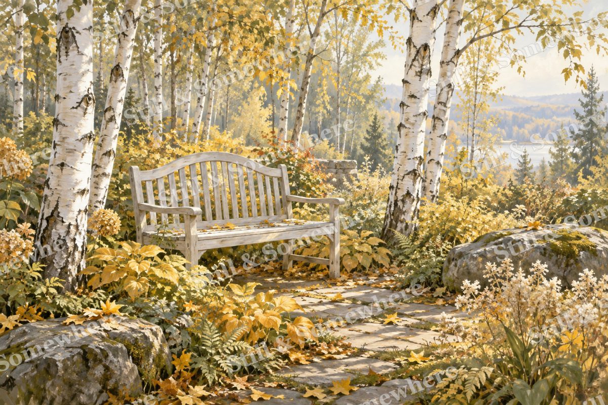 Quiet Bench in the Birch Garden, original artwork preview