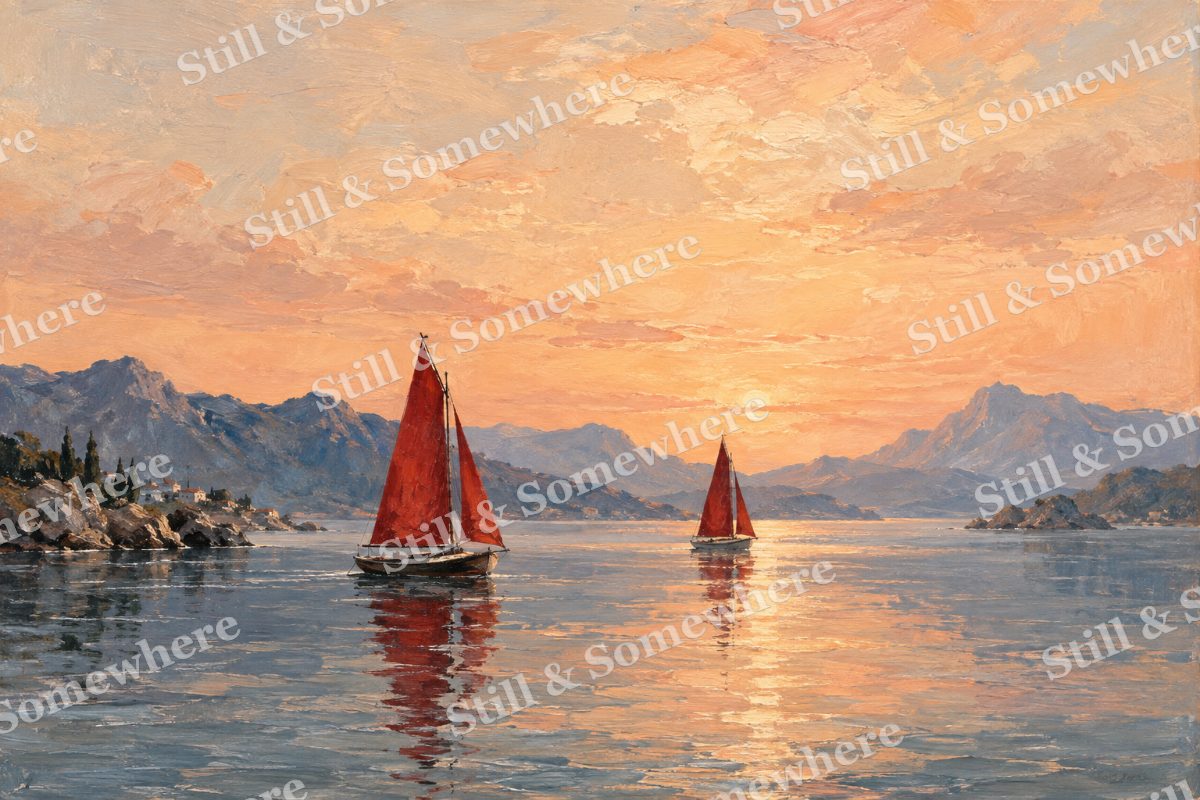 Crimson Sails on Quiet Water, original artwork preview